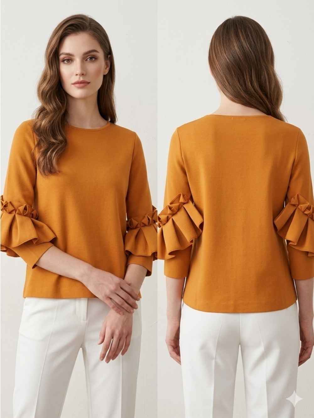 COS Burnt Orange Ruffle Pleated Statement Sleeve Boxy High Quality Blouse Sz XS